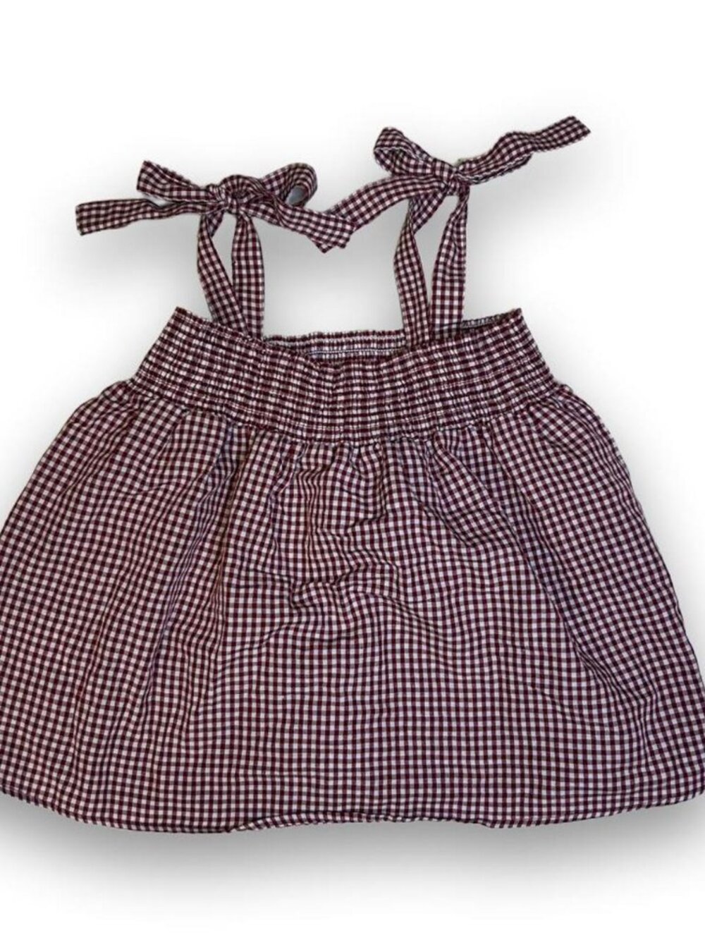 white and red gingham babydoll top with tie straps